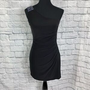JS boutique one shoulder rouched dress w/sequin appliqué black sz 6